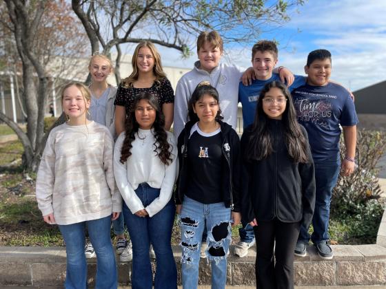 Middle School Region Band Participants are Back Row: Landry Eudy, Cambree Hoyt, Maklyn Haynes, Tucker Johnson and Adan Huerta. Front Row: Atleigh Hunt, Ximena Cuevas, Josselin Rojas, and Daniela Baez. Photo by Misty Mollendorf