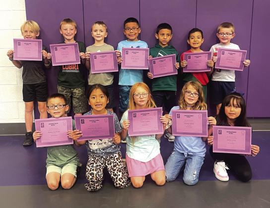 1st graders Eli Eudy, Cason Owen, Maddox Moore, Jovani Aguilar, Angel Correa, Diego Cruz, Dillinger Alcorn, Bottom Row: Mateo Martinez, Maritza Mendoza, Chloe Cooley, Paisley Ward, and Sofia Licea.