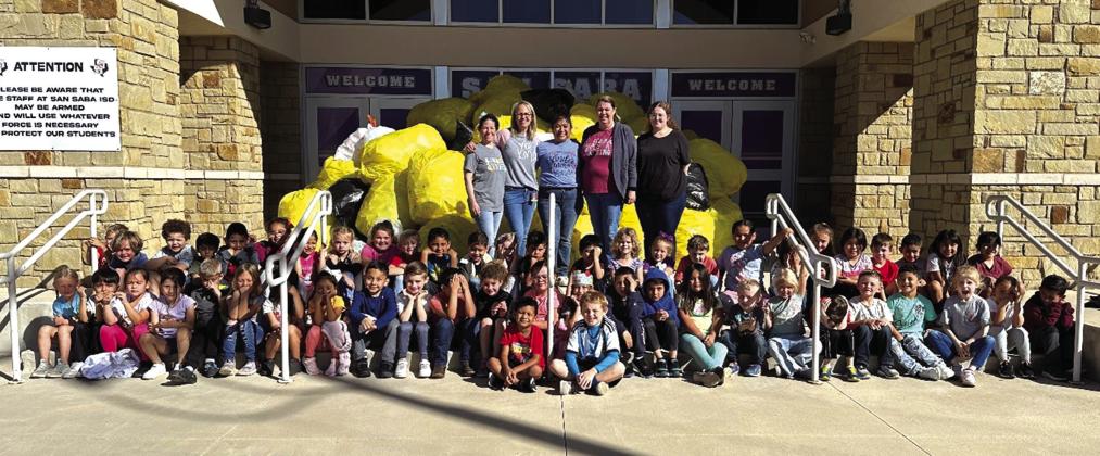 San Saba Elementary Kindergarten students and their teachers collected 12,770 plastic bottles to win the challenge set by the KSSB! They are pictured here in front of one of four large loads of plastic bottles! Courtesy of Dani Gilcrease / SSES Principal