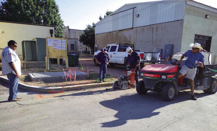 The Street Department started the demolition process on the Sidewalk Improvements Project. Seen left to right is Luis Rios Street superintendent, Paul Stewart (General Maintenance), Darrel Lackey (Street Department employee), and Kolby Reavis from the Parks Department who is lending a hand on the project.