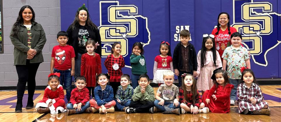 SSES PK Students with Perfect Attendance for the Fall Semester 2025 - Seated from L to R: Analisa Aragon, Gabriel Beasley, Kamila Bessent, Eber Bessett, Jayden Carbajal Ortiz, Casin Coleman, Jacky Estrada, Hera Lara Baez, Gracie Parks. Standing from L to R: Dylan Pichardo, Harper Pierce, Kairi Pryor, Adelynn Ramirez, Arlet Rodriguez, Greyson Sampson, Zoe Valdez, Gavin Valles, Robert Ramirez (not pictured). PK Teachers from L to R: Anjela Cuevas, Melissa Vega, Sheryl Cooper