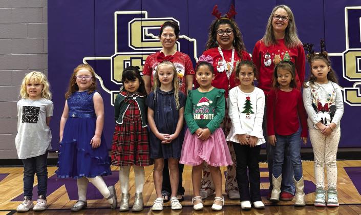 SSES Kindergarten Students with Perfect Attendance for the Fall Semester 2025 - L to R: Kimber Coleman, Ellie Cooley, Juliana Guerrero, Kallie McKinnerney, Angela Mendoza, Lila Morgan, Elisabeth Rodriguez, Eleanor Short. Kindergarten Teachers from L to R: Hyacinth Bessett, Ceci Bessent, Alyssa Oliver