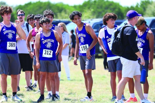 San Saba varsity boys Cross Country team awaits the start of their race against Goldthwaite on Wednesday, 9/10/25.