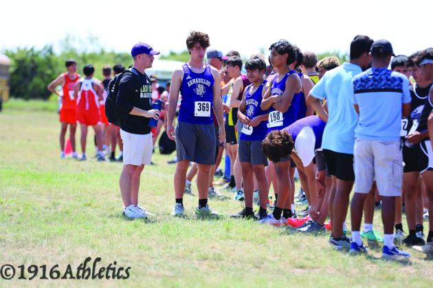 San Saba varsity boys Cross Country team awaits the start of their race against Goldthwaite on Wednesday, 9/10/25.