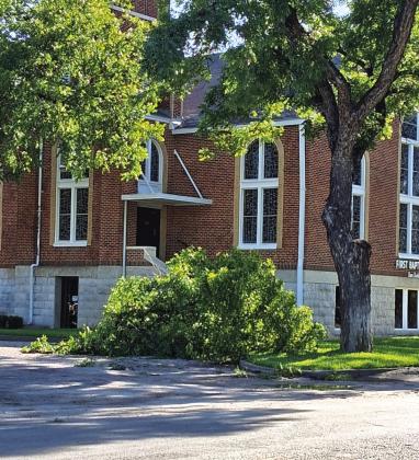 Huge pecan tree limbs were down at First Baptist Church in San Saba. Photo by Carolyn Preece