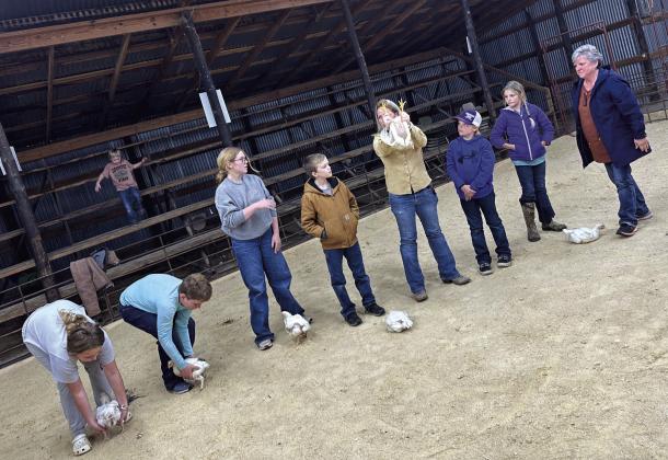 Carol Gibson and Kim New help kids at a showmanship clinic Courtesy of Kelly Murray