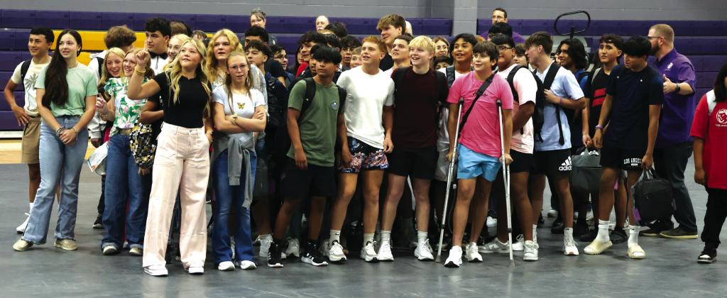 These San Saba High School Freshmen students gather to sing the San Saba Alma Mata on the first day of school.
