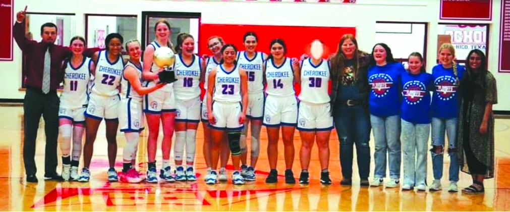 Cherokee Lady Indians defeated Blum 31-28 to earn the title, Area Champs! Pictured here: Area champs Coach Chris Langston, Tilar Turman, Miracle Irvin, Maycie Shanklin, Chloe Berrio, Lily Graves, Hannah Sims, Lauren Roberson, Payton Hanley, Ariah Ruiz, Coach Kallie Johanson, managers Ella Graves, Preslee Duggan, Taylor Randolph, and Mrs. Cecilia Langston Courtesy of Valerie Valdez