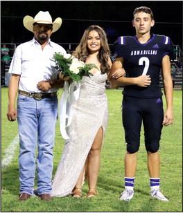 SOPHOMORE DUCHESS - Perla Ramirez, daughter of Prudencio Aguilar and Angelica Ramirez, escorted by her father Prudencio. Flower presenter: Sterling Proffitt, son of Travis and Sara Proffitt.