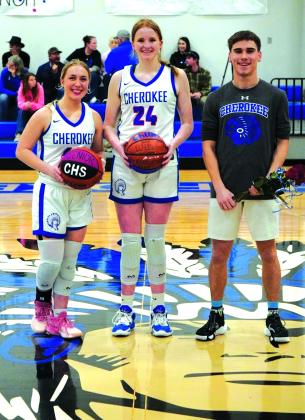 Last week, our Cherokee basketball teams wrapped up their district play with a ceremony honoring our seniors: Chloe Berrio, Maycie Shanklin, and Gunner Baugh. Both the girls and the boys teams are moving on to the playoffs. Photo courtesy of Kari Owen