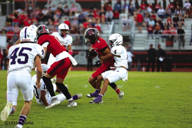 #4 Jayden Aguirre stops Hamilton runner on opening kick off in Friday’s matchup.
