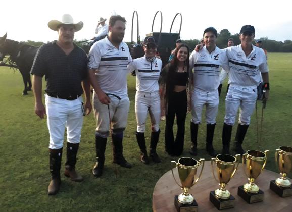 San Saba Polo Club at the trophy presentation: Clay Nettleship (President of the Community Foundation), Robert Orthwein, Dawn Jones, Presley Grace (entertainer from Austin who presented the trophies), Santi Zubiaurre, and Will Brown