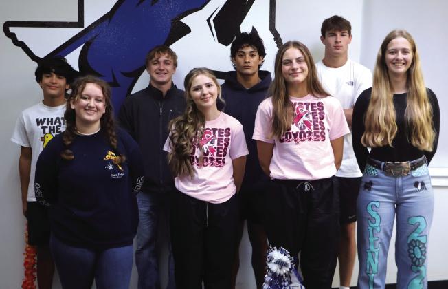 Homecoming Court - Back row (L-R): Matthew Woerndell, Evan Deeds, Ian McKinnerney, and Brice Roesler. Front row (L-R): Paisley Shows, Mia Tharp, Paige Bailey and Kinzley Daly. Courtesy of Pam Starr