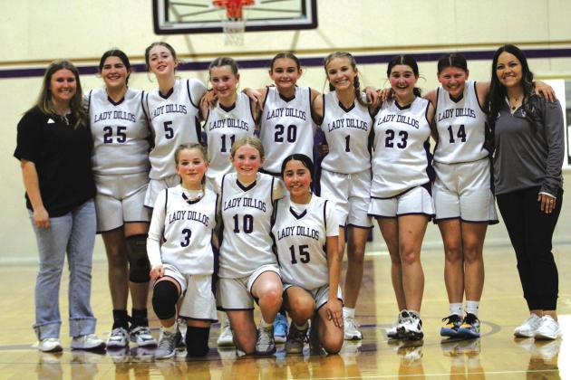 8th grade Lady Dillos 3rd place in district (L-R): Coach Jace Miller, #25 Azerleigh Cummings, #5 Sophia Bagley, #11 Abby Millican, #20 Kaylee Smith, #1 Dakota Uli, #23 Reese Miller ,#14 Zoey Turner, (Bottom -) #3 Hailey Gilliam,#10 Sydni Jones,and #3 Kaylee Aguirre