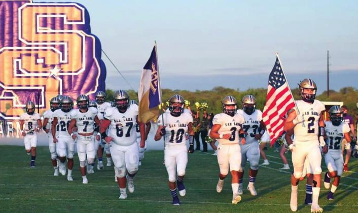 The San Saba High School varsity football team takes the field on Sept. 11, 2020, prior to the start of the Dillos' road game against Mason High School. Photo courtesy of Rita Boultinghouse.