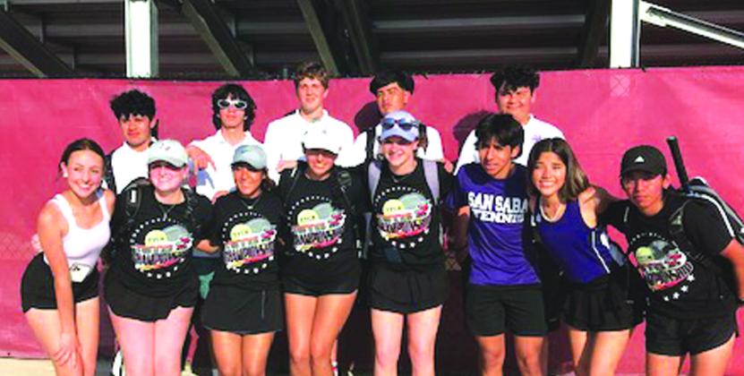 San Saba Tennis Team after winning 7th place at the State 2A &amp; Under State Team Tennis Tournament - Front Row: (l-r) Tanner Provtt, Delaney Ellis, Natalie Cuevas, Damaris Patino, Libby Mays, Christian Reyes, Keely Pham, and Minerva Vasquez. Back row: (l-r) Christian Morales , Jose Aguilera, Trace Temples, Jovani Rangel, and Jose Rojas.