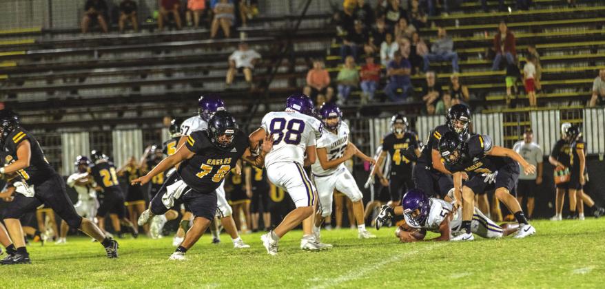 Ball’s out- San Saba defense making big plays against Goldthwaite as #51 Uriel Mendoza falls on top of a lose ball.