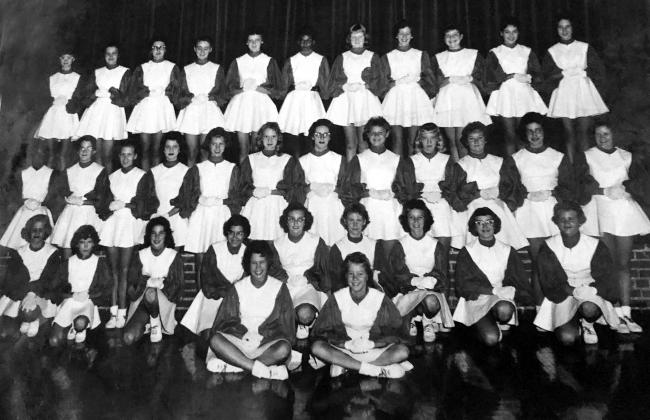 Top row (l-r):  Sherry Dismuke, Mabel Ann Perry, Billy Jean Perry, Jennie Brown, Kay Behrens, Littie Galoway, Gail Sullivan, Susan Parks, Glenda Gage, Judith Murphy, and Patsy Muehlbrad. Middle row (l-r):  Kitty Galoway, Andrea Oliver, Betty Smith, Sylvia Millican, Mary Jo Ellis, Nancy Taylor, Sharon Langham, Gale Phillips, Cathy Walker, Sue Nance, Francene Sharpiro, and Wanda Lusty. Bottom row (l-r):  Judy Marlow, Diane Stanford, Nancy Gage, Martha Timberlake, Cathie Raesner, Sharon Isham, Linda Crim, Mary