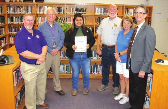 Rotarians Wayne Kelly, Jerry Blankenship, Esmeralda Aguirre, Mike Thomas, Jacqueline Carlson and HS Principal Scott Snyder