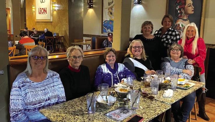 A group of recently retired teachers of Richland Springs at Hacienda Leon celebrating the birthday of Elizabeth Johnson (l-r): Linda Morris, Delores Mask, Sue Ransom, Elizabeth Ivy, Rhonda Wyatt, Bonnie Burkhart, Peggy Thompkins, and Kristy Perry Courtesy of Sue Ransom