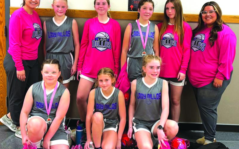 Lady Dillos - 5th / 6th grade girls Top L-R:  Assistant Coach Saveria Vasquez, Rynlee Anderson, Kayden Sloan, Sabella Cox, Macey Meador, and Head Coach Dynasty Jackson. Bottom L-R:  Avery Wilson, Emma Kate Kuehl, and Emma McBee.