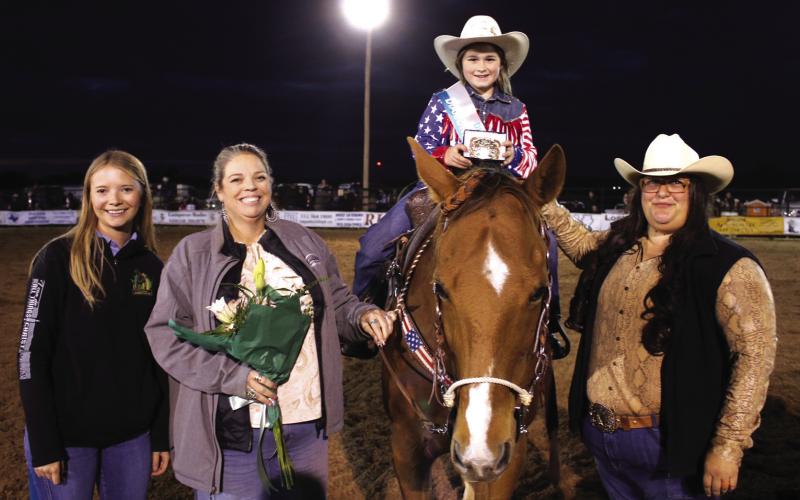 Diamondback Jubilee Rodeo Princess is Sonora Hayes. Posing with her are (L-R): Jara Wootton, Lindsey Alexander, and Melissa Davis. Sponsored By Clay Harrington