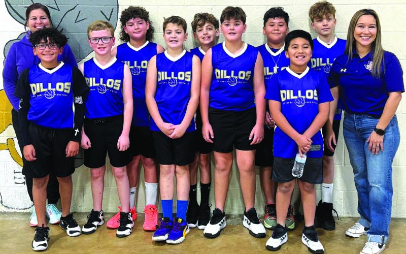 Dillos - 5th / 6th grade boys Top L-R: Assistant Coach Ana Sanderson, Sloan Sanderson, Ryder Ringo, Umberto, Warren Uli, and Head Coach Laura Bessent. Bottom L-R: Kyler Bessent, Preston Mallendorf, Corbin Ward, Wyatt Ward, and Ubaldo.