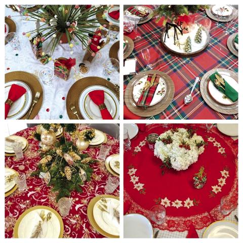 Festive Tablescapes: top left is by Susan Kissko and Jan Beaver, top right is by Juanita Proffitt, bottom left is by Cindy Sloan, and bottom right is by Debbie Shahan.