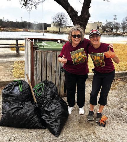 Juanita and Tina finishing up with their bags filled with trash, can you believe soiled diapers, cigarette butts, straws, Styrofoam cups, food cans, and plastic bags, etc. San Saba Garden Club encourages all to enjoy our beautiful parks and remember to use the trash receptacles provided along walkways!