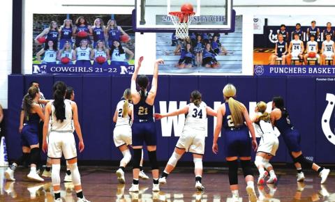 San Saba High School girls varsity basketball senior forward Landri Glover (21) knocks down a free-throw attempt on Friday, January 14, during the Lady Dillos’ 54-41 road loss at district rival Mason High School. (Photo by Rita Boultinghouse)