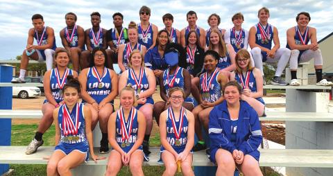 Cherokee High School Track Team - Top row: Gabe Morris, Tristian Arkansas, Erick Miller, Deavion Miller, Rode Ligon, James Beck, Kase Bordner, Matt Gass, Gunner Baugh, Joey Bond, Isaac Graves; 2nd row: Sydnie Bond, Kandy McCoy, Skylar Harris, Chloe Berrio; 3rd row: Skyla Shannon, Abigail Medrano, Raelyn West, Allie Berrio; Bottom row: Brissa Baugh, Maycie Shanklin, Payton Duggan, and Abigail Anderson
