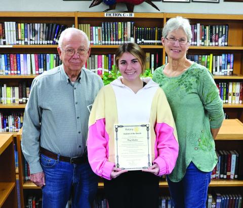 Rotarians Jerry Blankenship and Beth Griess with Macy Sebastain, Student of the Month