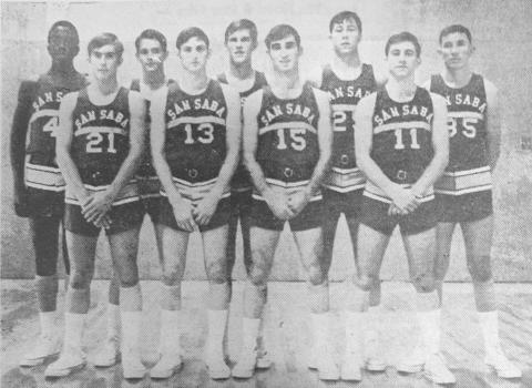 VARSITY ARMADILLO CAGERS––Here are the members of the San Saba Armadillo baskeball team, who will be competiing for the 9-AA Disrict championship title this season. The season for the team was delayed by the extended football season, but practice session and games are now underway. they are, left to right in the back row, Robert Jackson, Steve Slaughter, Dick Little, Bill Watkins and Gary Kemp. In the same order, the front row includes Johnny Oswald, Phil Letbetter, Mark Cooksey and Buster Carmouche.