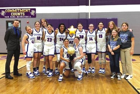 Standing: Coach Langston, Maycie Shanklin, Hailey Penney, Chloe Berrio, Ariah Ruiz, Jayliegh Carroll, Annie Rutledge, Payton Duggan, Payton Hanley, Coach Johanson, and managers Preslee Duggan and Lily Graves Kneeling: Lauren Roberson and Tilar Turman