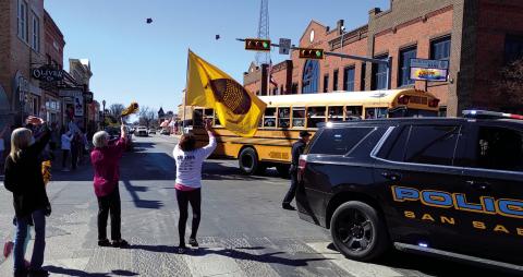 An exuberant crowd cheers on the San Saba Lady Dillos as they head to Waco Midway High School to play Lapoynor for a spot in the State Championship. Photo by Djuana Payton