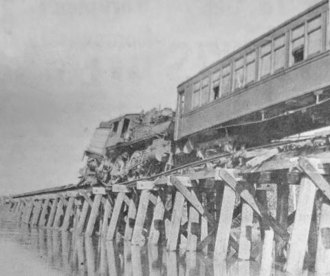 PICTURE OF THE PAST––How many of you remember April 26, 1922? It apparently was a good month for ducks as an official 16.25 inches of rain fell, causing quite a flood at San Saba. Our thanks to Henry Haynes for coming up with this picture that was made into a Post Card depicting the near loss of the train. We are told the engineer jumped, losing his watch in the process.