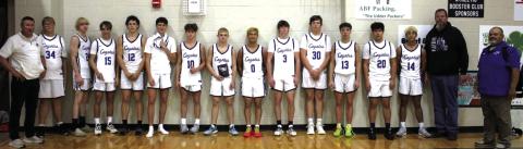 Pictured L-R: Coach Rogers, #34 Hunter Stewart, #24 Troy Kubin, #15 Ethan Deeds, #12 Eli Hutchins, #1 Hutton Rogers, #10 Layne Ward, #2 Christian McKinnerney, #0 EJ Aviles, #3 Brice Roesler, #30 Dalton Moats, #13 Cohen Ethridge, #20 Shawn Wall, #14 Ian McKinnerney, Coach Roesler, Coach Aviles Courtesy of Richland Springs Coyote Booster Club