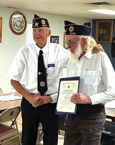 Adjutant Ross J. Cox, Sr. (left) & Commander Jan K. Huffstetler (right). At the American Legion Department Convention in August, there were several awards earned by the post:  Post Membership Retention, Post Recruiting, Department Membership, and Department Retention. The Commander received a special 100% pin, letter and award from the Texas Department Commander. Photo by Dewey L. Hulme