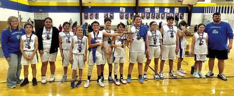5th and 6th Team ~ Playoff Champions:  Left to right: Coach Tori Weaver, Knox Williams, Addisyn Trinidad, Brylee Watson, Mason Rogers, Kyson Shanklin, Jax Williams, Caden White, Maegan Kuykendall, Bentley Watson, Victoria Ramos, and Tayler Parker, and Coach Mason Weaver (not pictured: Annabella Morris and Bentley Morris) Photo by Ashley McKneely