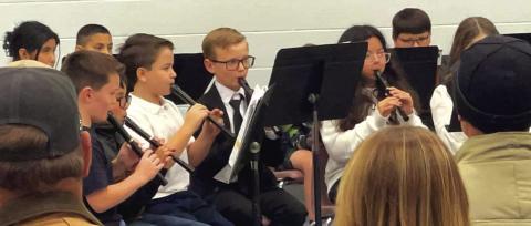 Landon Baskin, Mauro Jimenez, Dominic Collins, Preston Moellendorf, and Emarie Gomez at the January 21st Recorder Concert. Courtesy of Misty Moellendorf
