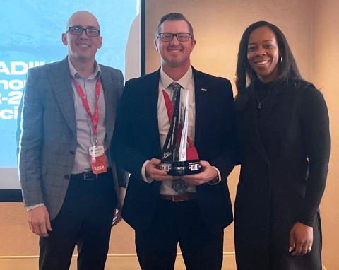 HPU’s Hunter Sims (center), director of athletics, is pictured with the NADIIIAA One-Time Project Category Winner award, presented to the university in recognition of community service. With Sims are Matt Tanney, director of athletics and campus wellness at Wabash College, and Dr. Angel Mason, director of athletics at Berry University.