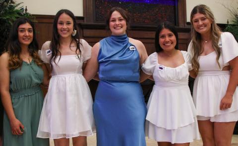 Texas Board of Nursing confirmed the HPU nursing program’s 2023 pass rate of 100 percent on the NCLEX-RN at its April 2024 board meeting. Pictured from left to right are HPU’s 2023 nursing graduates: Delilah Munoz, Madison Draper, Sydney Horton, Veaney Cazares and Bree Cason.