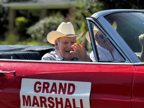 San Saba Rodeo Parade Grand Marshal S. A. Baxter of Bend, Texas, and Brad Williams of San Saba, Texas. Courtesy of Laura Beth Henniger