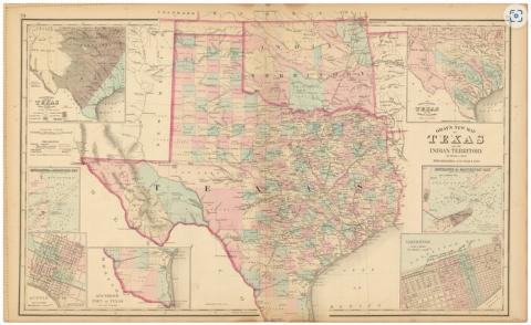 One of eight maps donated by Chase Untenmeyer, this map depicts a New Map of Texas and the Indian Territory, 1876