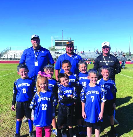 Front row (L to R): Tinley Roberson, Bo Taylor, and Tyler Fraizer. Middle row: Bryer Stuart, Zane Woerndell, Liam Cervantes, Lucas Oldham, and Easton Deeds. Back row Coaches: Alex Oldham, Bo Stuart (Head Coach), and Bobby Deeds 