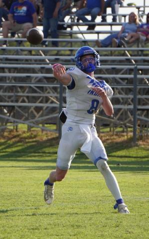 Cherokee Indian Cayden Houston passes the ball in the scrimmage against Rising Star. Courtesy of Valerie Valdez