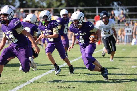 #4 Rexton Hunt follows lead blocker #22 Bobby Verette in last Thursdays game against Goldthwaite