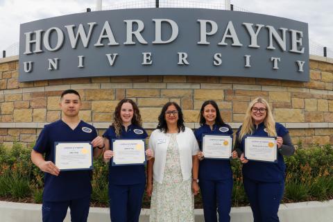 HPU’s first CNA cohort is pictured from left to right: Jake Leung; Addison Long; Martha Treviño-Brunette, university nurse and NATCEP director; Iza Harrison; and Mackenzie De La Cruz.