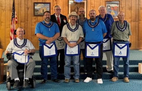 Front row (L-R): Roy Jones – Tiler, Alan Schroeder- Jr. Warden, Jake Lackey – Worshipful Master, Chris Daniels – Sr. Warden, Mike Ivy – Jr Deacon. Back row: Les Hammett – District Deputy, Michael Nelson – Secretary, Billy Don Edmondson – Treasurer. San Saba Lodge 612 meets the 1st Saturday of the month. Breakfast is at 8:30 with the stated meeting to follow at 9:00. Courtesy of Jake Lackey