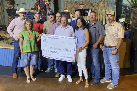 Laura Strube (Region XV), Board of Trustees: Kevin Shahan, Margaret Henslee, Tim Sebastain, and Superintendent Keith Owen are shown here with their new friends from Parsons Roofing. Photo courtesy of Kathryn Robertson